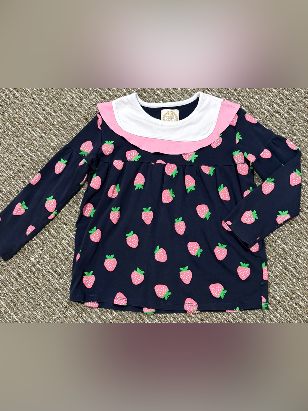 Beaufort Bonnet Girls' Navy Strawberry Print Long-Sleeve Top with Pink Collar